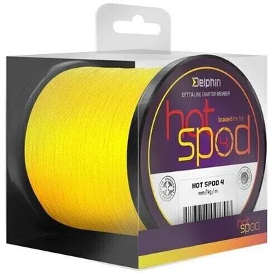 A product shot of a spool of yellow fishing line in its packaging.