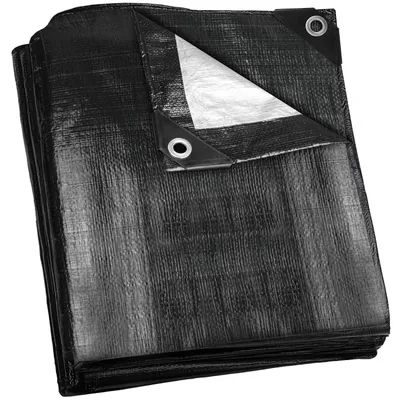 Obrázok produktu pre Plachta na zakrytie, vodeodolná, s okami, 140 g/m², PE tkanina, 2 m x 6 m, čierno-strieborná