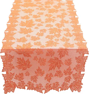 Produktbild von Tischläufer aus orangefarbener Polyesterspitze mit Ahornblattmotiv für die Dekoration zum Erntedankfest und festliche Tischdekoration bei Feiern