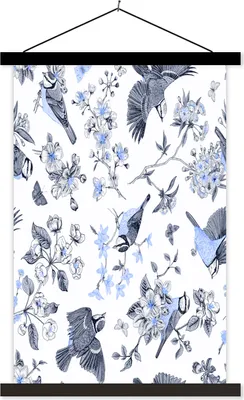 Produktbild von MuchoWow® Textilposter Blumen - Vogel - Blau 60x90 cm mit schwarzem Rahmen - Poster Wohnzimmer