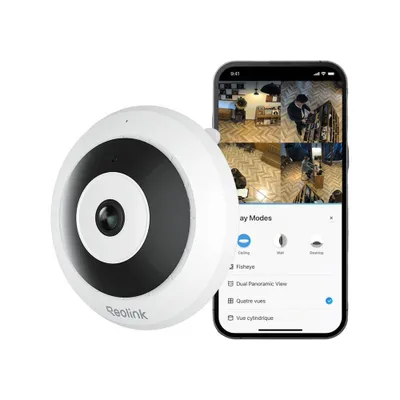 A Reolink fisheye camera is shown next to a smartphone displaying multiple camera feeds.