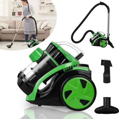 A collage of images showing a woman vacuuming, a close-up of a green and black cyclonic vacuum cleaner, and its accessories.