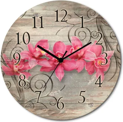 Produktbild von ARTland Holz Wanduhr Quarzuhr - schwarzer Zeiger rosa Orchideen auf Ornamenten Größe: 30x30 cm