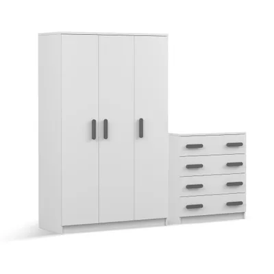 Produktbild von Drehtürenschrank und Kommode 2er-Set JONAS I 19/JONAS I 02 Weiß/Weiß graue Griffe