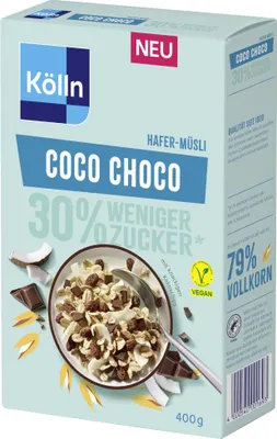 Zdjęcie produktu dla Kölln Coco Choco – musli owsiane o obniżonej zawartości cukru z wiórkami kokosowymi, opakowanie 400 g