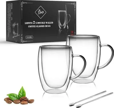 Imagen del producto de Vasos de café de doble pared Unyqoos® de 2 unidades, con capacidad de 350 ml cada uno, con asa y 2 cucharas de acero inoxidable, fabricados con vidrio de borosilicato resistente al calor, ideales para cappuccino, latte y té