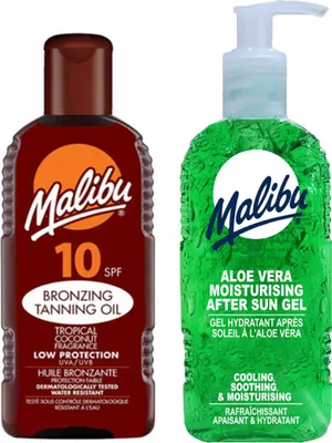 Productafbeelding van Malibu bruiningsolie SPF10 200 ml + Aloe aftersun gel 200 ml Bruiningsset