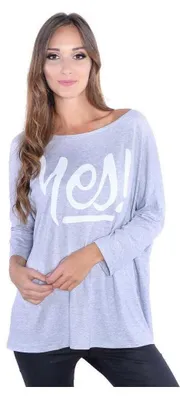 Produktbild von Damen Langarm Bluse Oberteil mit Yes Druck; Grau-Meliert/2XL/3XL