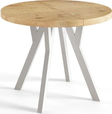 A round dining table with a wooden top and white legs, shown from a slightly elevated angle against a white background.