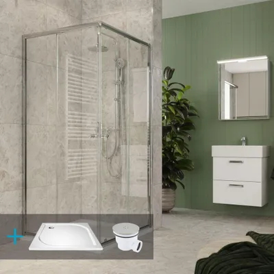 Zdjęcie produktu dla Zestaw prysznicowy Mereo Kora Lite: kabina prysznicowa 80x80x185cm, chrom ALU, szkło przezroczyste, 80 cm, brodzik, syfon - CK34133ZM