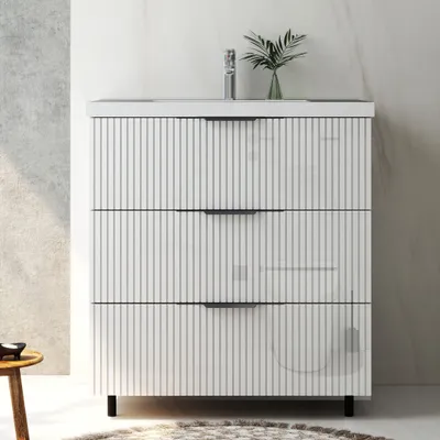 Produktbild von RIVA Badmöbel Set 80 cm Hochglanz Weiß – Waschtisch mit Unterschrank & Softclose, wandhängend montierbar + inkl. Standfüße zur Bodenabstützung