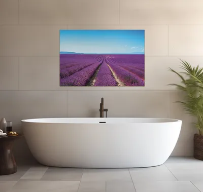Produktbild von Wallario wasserfestes Poster selbstklebend 91,50 x 61 cm, Lavendelfeld unter blauem Himmel, Badezimmerposter Spritzschutz mit Hochglanzoberfläche in Glasoptik