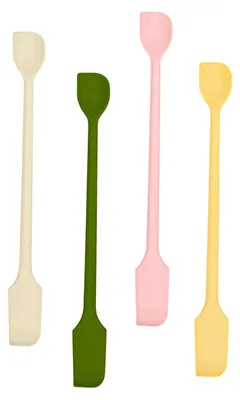 Produktbild von 4-teiliges Silikonspatel-Set mit zwei Enden, inklusive eines kleinen Teigschabers für Marmeladengläser und Cremes.