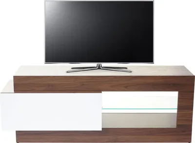 A modern TV stand with a television on top, presented against a white background.