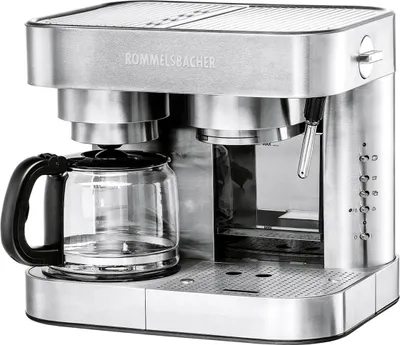 Produktbild von ROMMELSBACHER Kaffee/Espresso Center EKS 3010 - Filterkaffeemaschine, Glaskanne, Siebträger, Filtereinsatz für 1 bzw. 2 Tassen, Düse für Milchschaum/Heißwasser, programmierbare Tassenfüllmenge, 1,5l