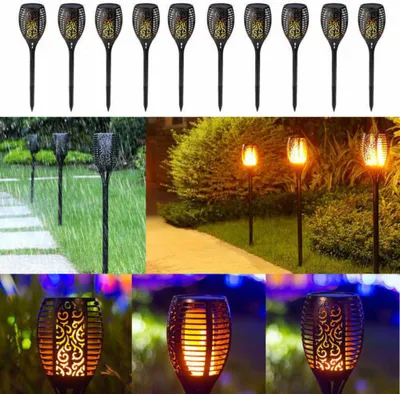 Image de lot de 10 lampes de poche solaires Tiki 96LED Lampe à flamme dansante vacillante Garden Path