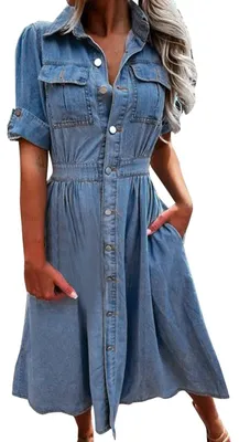 Produktbild von Elzusha - Damen Jeanskleid mit kurzen Ärmeln und Knopfleiste