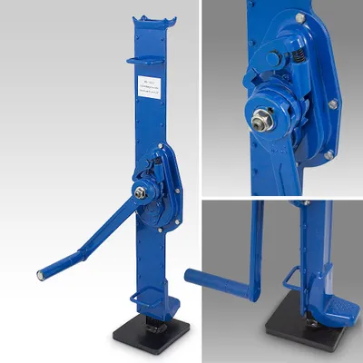 A blue mechanical jack is shown against a light gray background, with close-up insets.