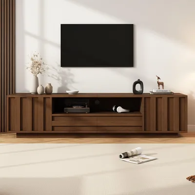 Immagine prodotto di Mobile TV con 2 ante e 2 cassetti, pensile TV con sistema di apertura a pressione, effetto 3D, mobile TV con vano aperto, passacavi, finitura effetto noce