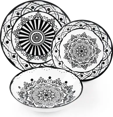 A set of three black and white patterned ceramic plates and bowls arranged on a white background.