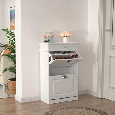Produktbild von Versteckter Schuhschrank aus Holz mit 2 klappbaren Schubladen,freistehendes Schuhregal,Organizer für kleine Räume, schmales Design,für Flur/Wohnzimmer