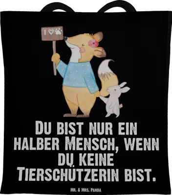 Produktbild von Mr. & Mrs. Panda Jutebeutel Tierschützerin Herz - Schwarz - Geschenk, Shopping Tasche, Tote Bag, Schultasche, Tragetasche