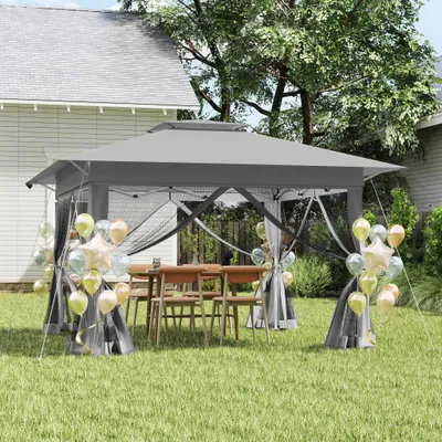 Produktbild von UISEBRT Silber 4x4 m Pop-Up Pavillon, Faltpavillon Ein-Knopf Schnellaufbau, Doppeldach & Entlüftung, Moskitonetz, wasserdicht & UV-Schutz, mit Seitenteilen, inkl. Tasche