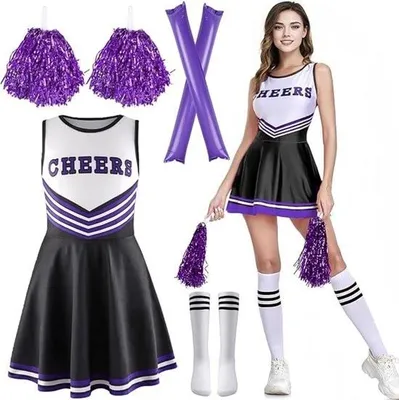 Immagine prodotto di Costume da cheerleader - Nero - Costume completo - Pompon e calze - Festa a tema - Carnevale