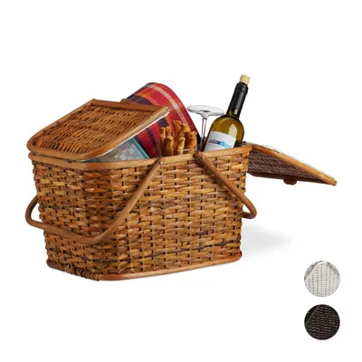 Produktbild von Relaxdays Picknickkorb mit Deckel, geflochten, Stoffbezug, Henkel, großer Tragekorb, handgefertigt, Rattan, Honigbraun