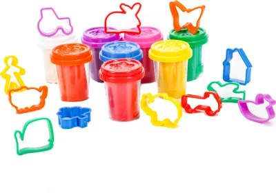 Produktbild von Knetgummi-Set 20 Teile, Knete in 8 leuchtend bunten Farben plus 12 Ausstechformen, kindgerechte Symbole aus Kunststoff, Knetmasse in Dosen mit Formdeckel