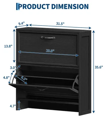 Image de Meuble à chaussures - Rangement chaussures étroit - 2 compartiments rabattables - Étagère réglable - Pour plus de 10 paires de chaussures - Bois - 80 x 24 x 90 cm - Noir
