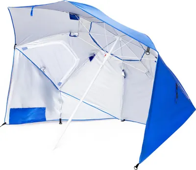 A blue and white beach umbrella/tent is shown from the inside, open and on a white background.