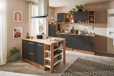 Produktbild von Küche Küchenzeile Inselküche Einbauküche Eiche Grau Hilde 280 cm Respekta