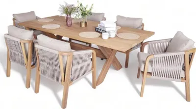 Produktbild von Designer Outdoor Garnitur Esstisch 6x Stühle Gartenmöbel Holz