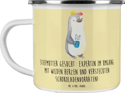 Produktbild von Mr. & Mrs. Panda Pott Stiefmutter Expertin - Gelb Pastell - Geschenk, Haferl, Emaille Tasse, humorvolle Sprüche, Handarbeit, Stiefkind, Geburtstage, Stiefmutter-Beziehung