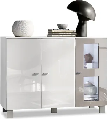 Produktbild von Vladon Sideboard Denjo,  Germany, Kommode mit 3 Türen, Weiß matt/Weiß Hochglanz/Sandgrau Hochglanz, inkl. LED-Beleuchtung (107 x 81 x 35 cm)