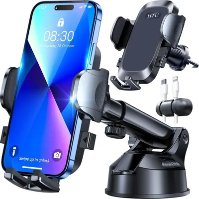 Image de Support pour téléphone de voiture, rotatif à 360°, avec ventouse et fixation pour ventilation, compatible avec tableau de bord/pare-brise, couleur noir