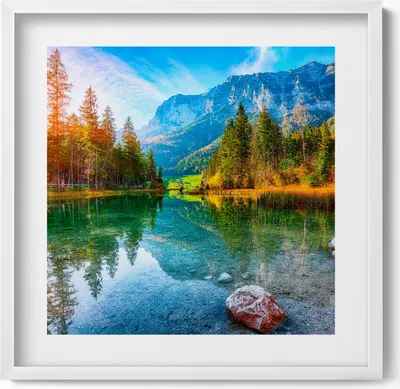 Produktbild von Fluss von Bergen Landschaft– Wandbild mit Rahmen – Gerahmtes Bild  – Wanddekoration – 50x50 cm –  Weiß Rahmen