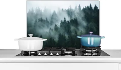 Produktbild von KitchenYeah®  Spritzschutz Küche - Küchenrückwand - Wandschutz für Herd und Spüle - Nebel - Bäume - Wald 60x40 - Alu-Dibond (Alternative zum Spritzschutz aus Glas) - Hitzebeständig - Herdspritzschutz