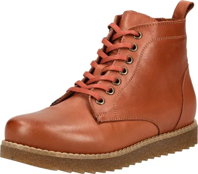 A single brown leather boot with orange laces is shown against a white background.