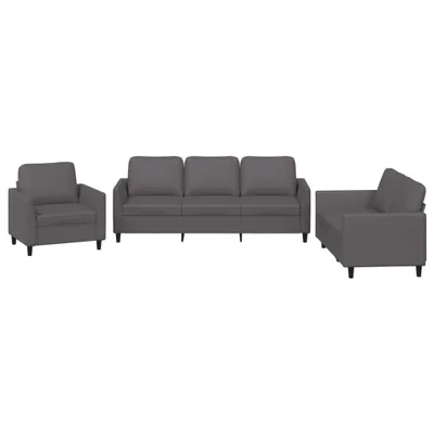 A set of three gray furniture pieces, including an armchair and a sofa, are displayed against a white background.
