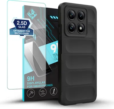 A black phone case and a screen protector are displayed against a white background.