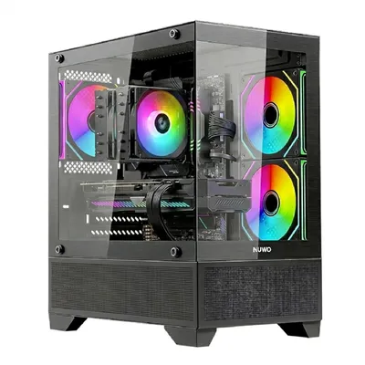 Imagen del producto de Caja para PC de gaming Nuwo Flow FK100, compatible con placas base Micro-ATX y Mini-ITX, con 3 ventiladores ARGB de 120mm, doble panel de vidrio templado y color