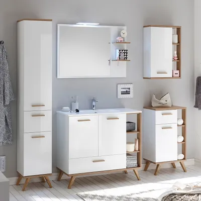 Produktbild von Badezimmer Möbel MALANJE-66 Set in weiß glänzend & Riviera Eiche quer Nb., mit Waschtisch - B/H/T: 217x205x46cm