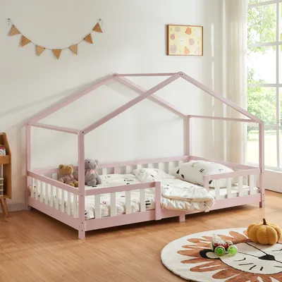 Produktbild von Kinderbett ’Treviolo‘ in Haus-Optik mit Rausfallschutz Kiefernholz 120 x 200 cm Rosa