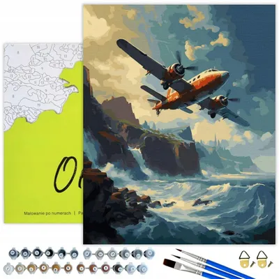 Produktbild von Oh Art! Malen nach Zahlen für Erwachsene & Kinder 40x50 cm Flugzeug über Meer und Berge – DIY Set: Leinwand mit Rahmen, Acrylfarben, Pinsel & Zubehör