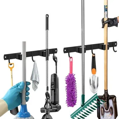 Produktbild von Unyqoos® Wandmontage-Werkzeughalter 2er-Set – je 5 Griffhalter & 4 Haken, Edelstahl, rutschfeste Silikonrollen, für Stiele Ø 1,5–3,5 cm