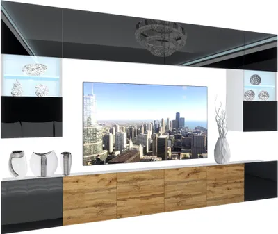 Produktbild von BELINI Wohnwand Vollausstattung Wohnzimmer-Set Moderne Schrankwand mit LED-Beleuchtung Weiß Glänzend Anbauwand TV-Schrank Schwarz / Wotan Eiche Glänzend/Matt