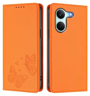 Image de Étui en cuir pour Xiaomi Poco X8 Pro/Redmi Turbo 5, étui de protection type portefeuille en cuir gaufré motif papillon avec support, couleur orange
