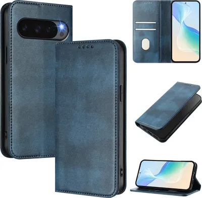 Immagine prodotto di Custodia per Google Pixel 10 / Pixel 10 Pro, custodia in pelle vintage con protezione RFID, slot per schede, supporto Blu